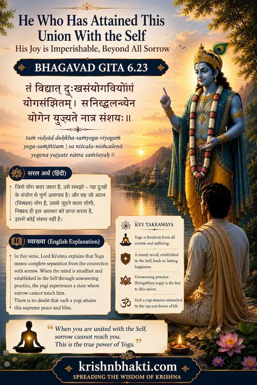 भगवद गीता 6.23 — दुख से संयोग का टूटना ही असली योग है — और इसे दृढ़ निश्चय से साधो