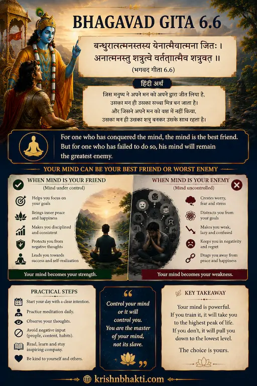 भगवद गीता 6.6 — जिसने मन को जीत लिया, उसका मन ही उसका सबसे बड़ा मित्र बन जाता है